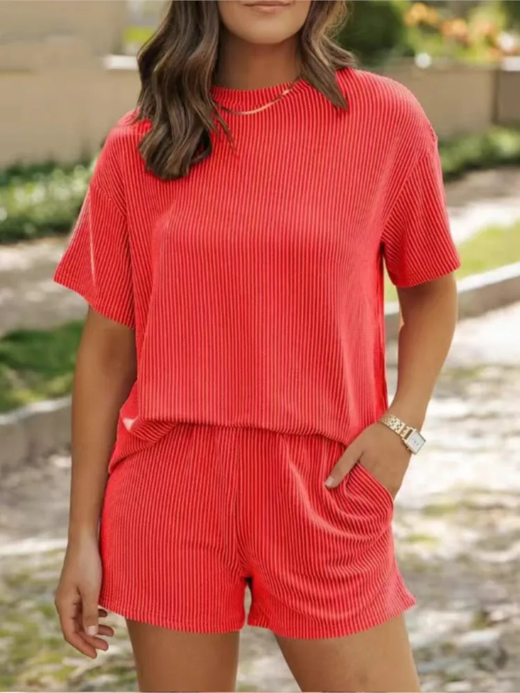 Women Solid Ribbed 2 Piece Set Crew Neck Short Sleeve Loose T-Shirt Elastic Waist Casual Shorts Summer Fashion Loungewear Outfit