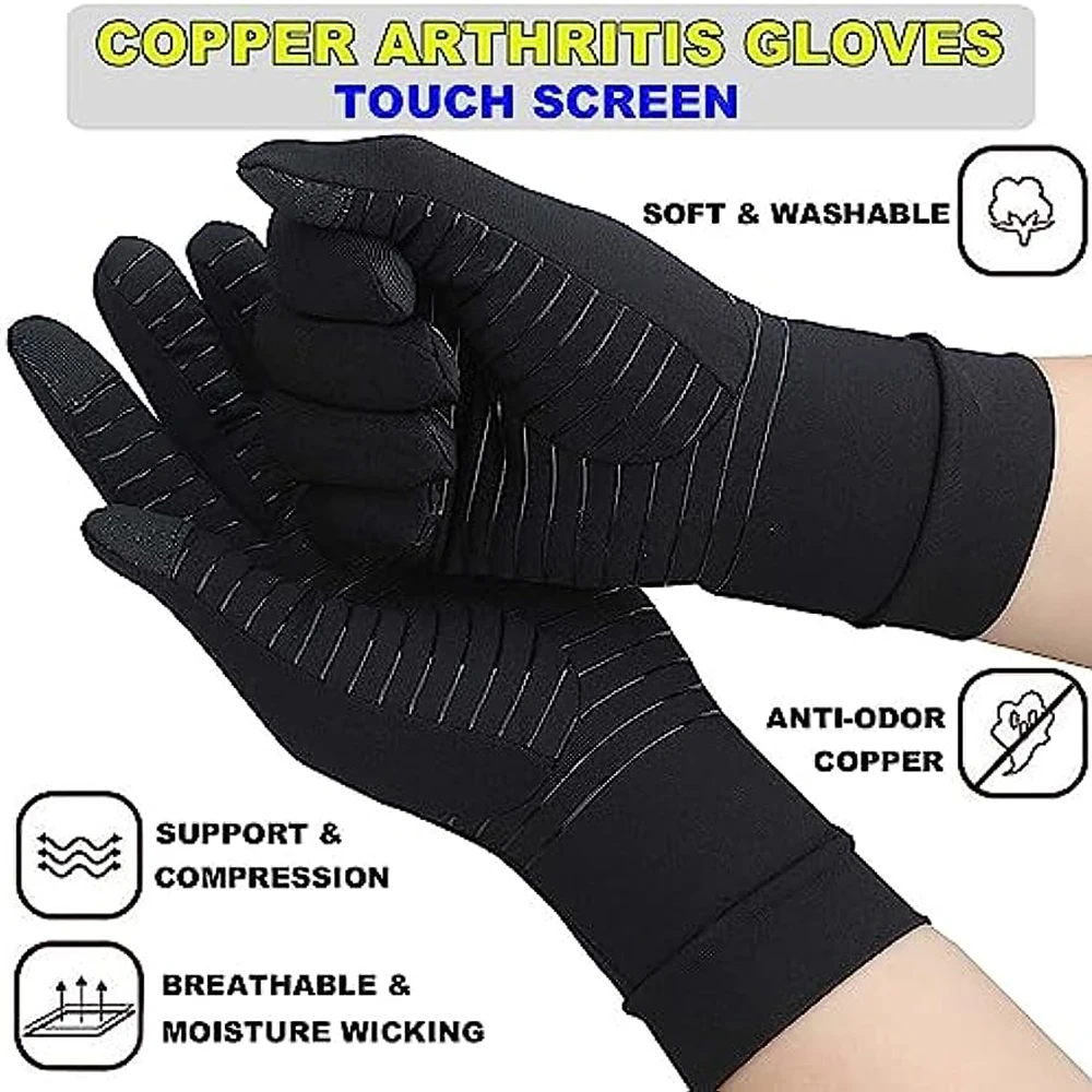 Guantes de artritis de compresión de cobre para mujeres y hombres, soporte de manos diurnas, guantes de soporte de manos de dedo completo para