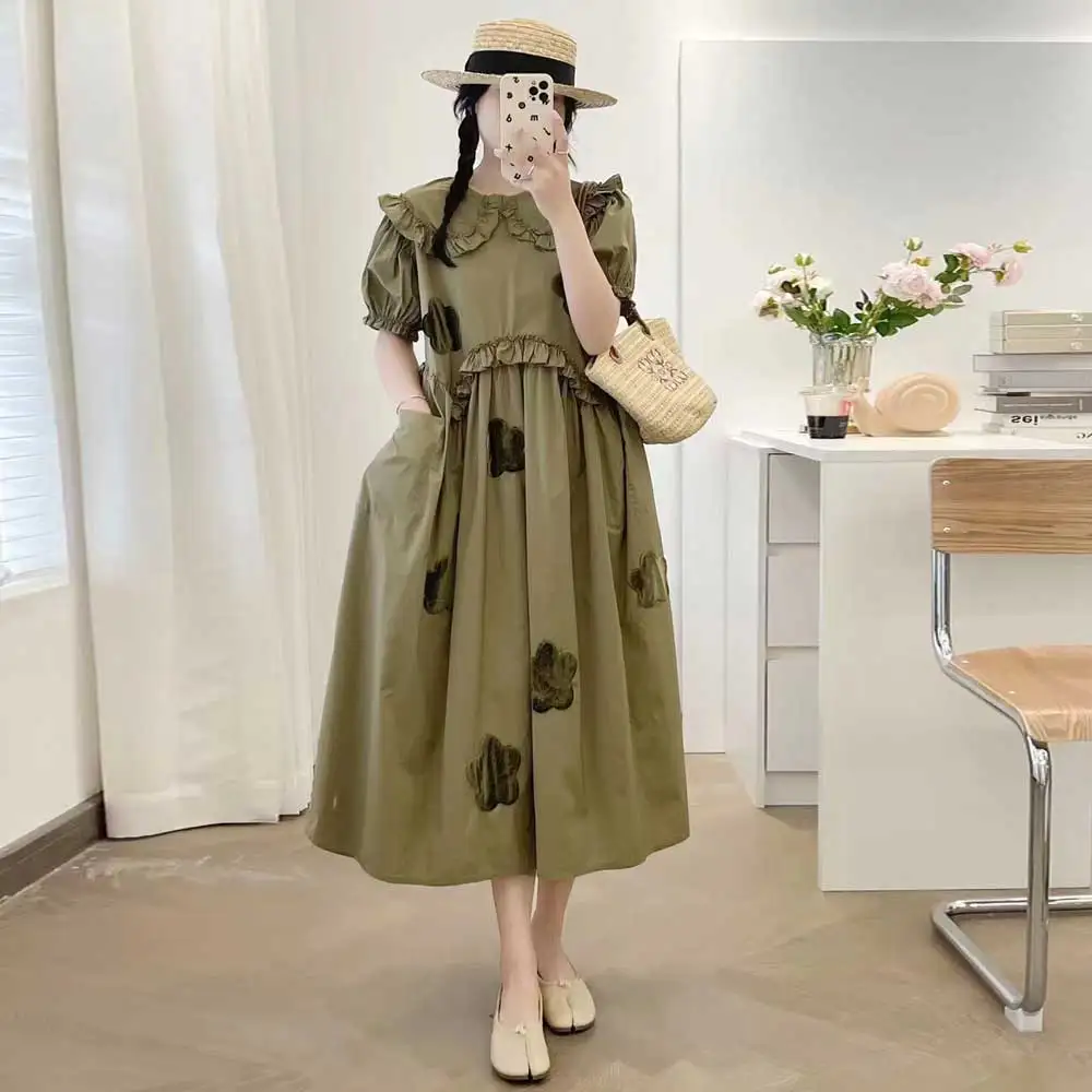 

Japanese Sweet Mori Girl Flower Cotton Dress Women Summer New Cute Peter Pan Collar Short Sleeve Casual Loose Midi Dresses