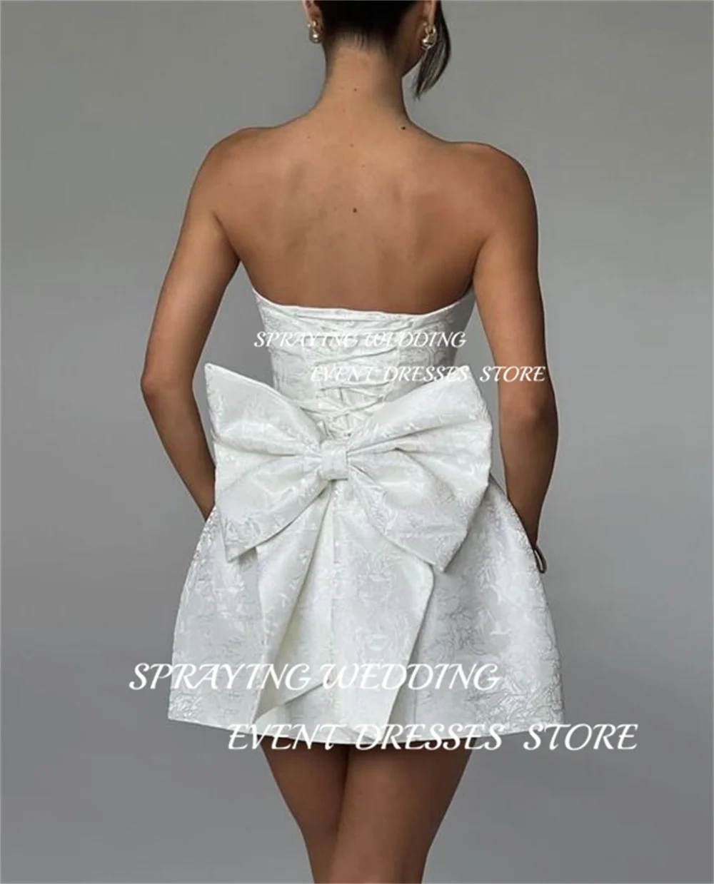 SPRAYING Simple Mini Satin Strapless Prom Dress Above the knee Short Print Floral Bridal Gown Corset Back Big Bow Wedding Dress