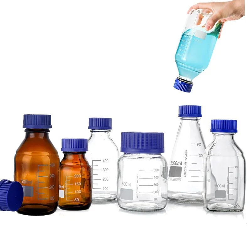 Butelki do przechowywania o pojemności 25 ml–1000 ml z niebieską zakrętką GL45 ze szkła borokrzemowego z podziałką, okrągłe butelki laboratoryjne do przechowywania odczynników