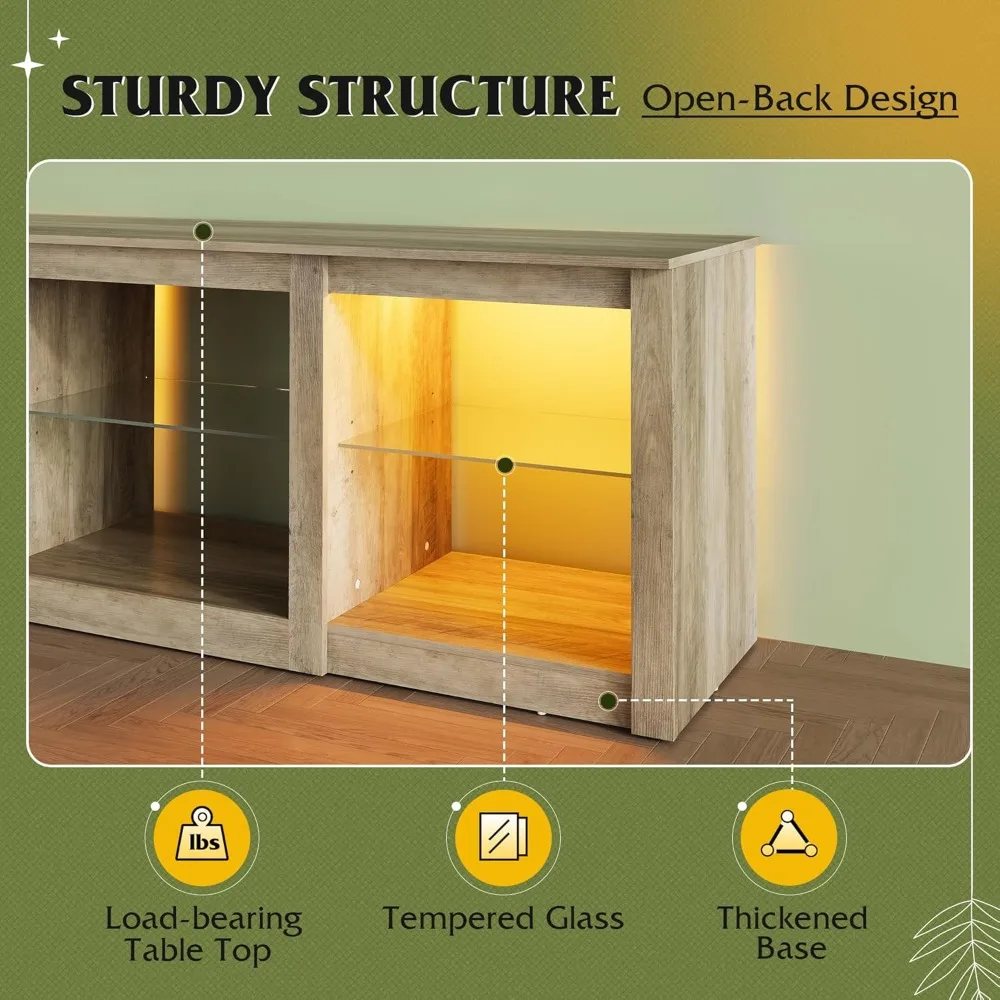 Suporte de TV LED WLIVE para TV de 65 polegadas, centro de entretenimento moderno com prateleiras de vidro ajustáveis e luzes LED personalizáveis, resistente M