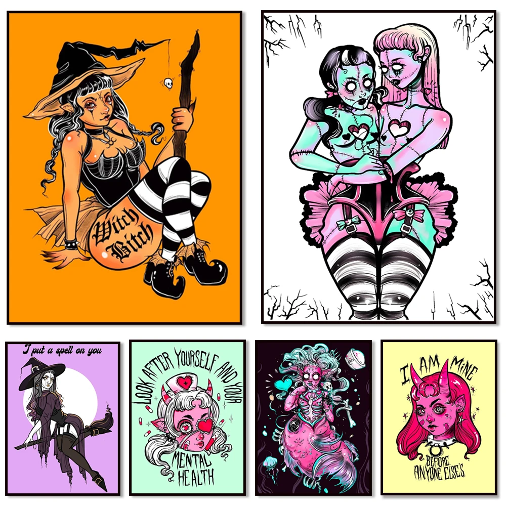 Satan is a Woman Art Print, pastel goth, pin up, creepy cute