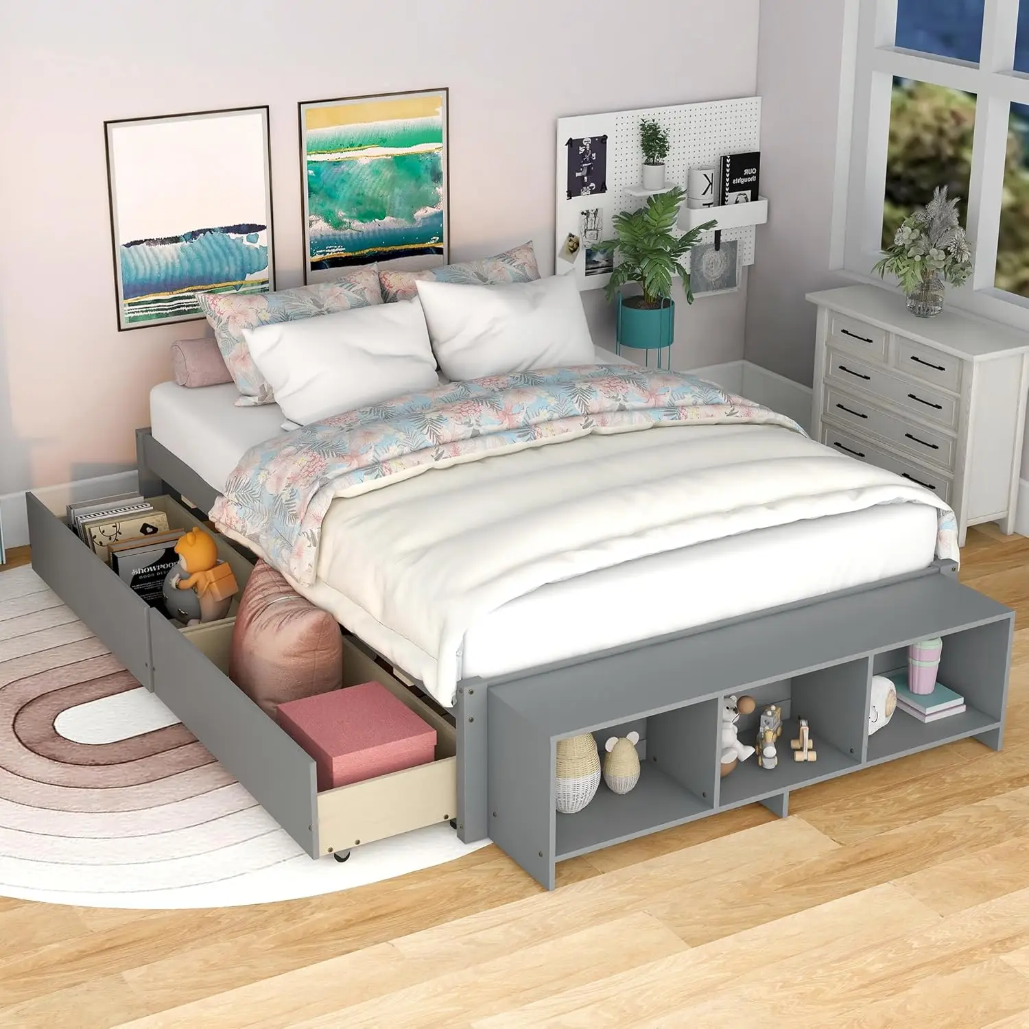 Size Bed Frame with 2 Storage Drawers,Full Kids Bed with Bed-end Storage Case,Solid Wood Full Bed Frame,Storage Platform Bed,No