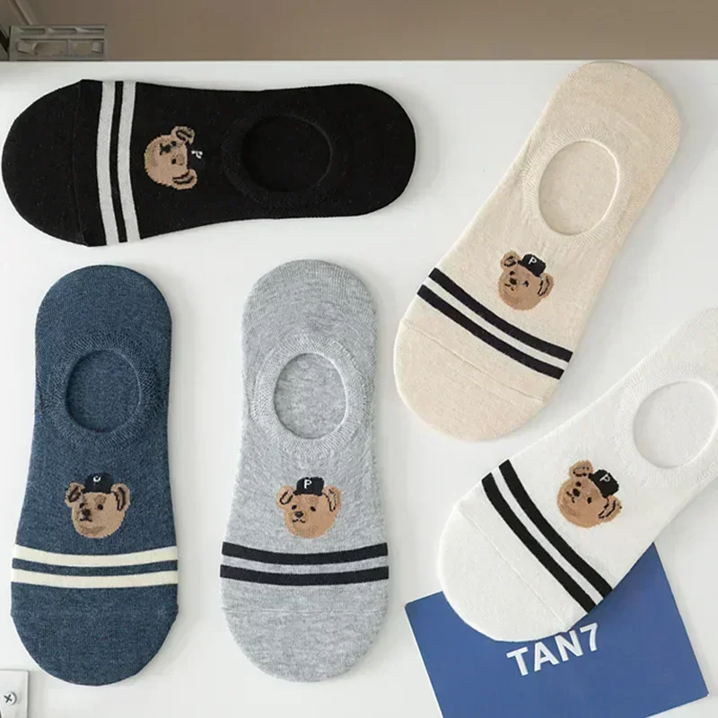 5 pair/batch fashion men boat socks non slip transparent silicone cotton ankle slippers Cartoon bear summer autumn socks