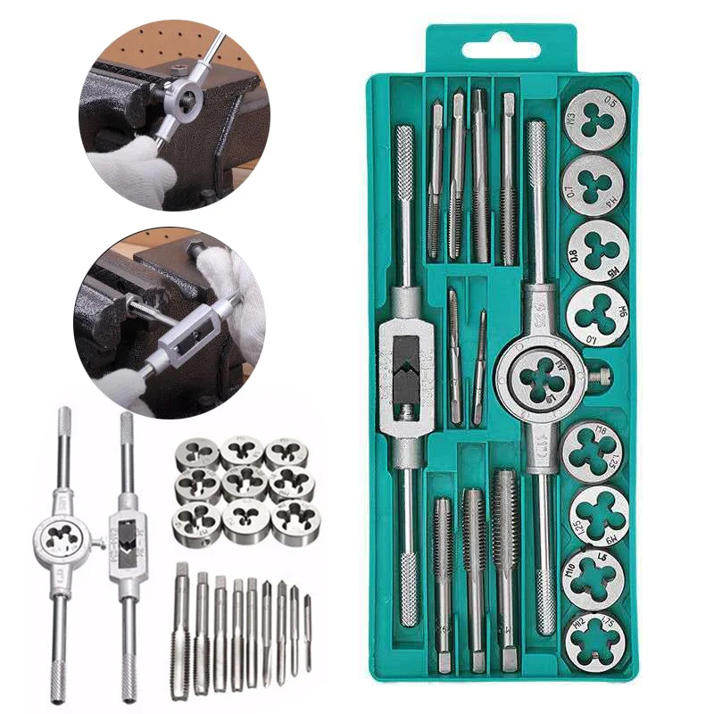 20pcs Metric Tap Die Set Alloy Steel M3-M12 Male Thread Screw Threading Tool Metric Screw Die Adjustable Plug Taps Hand Tools