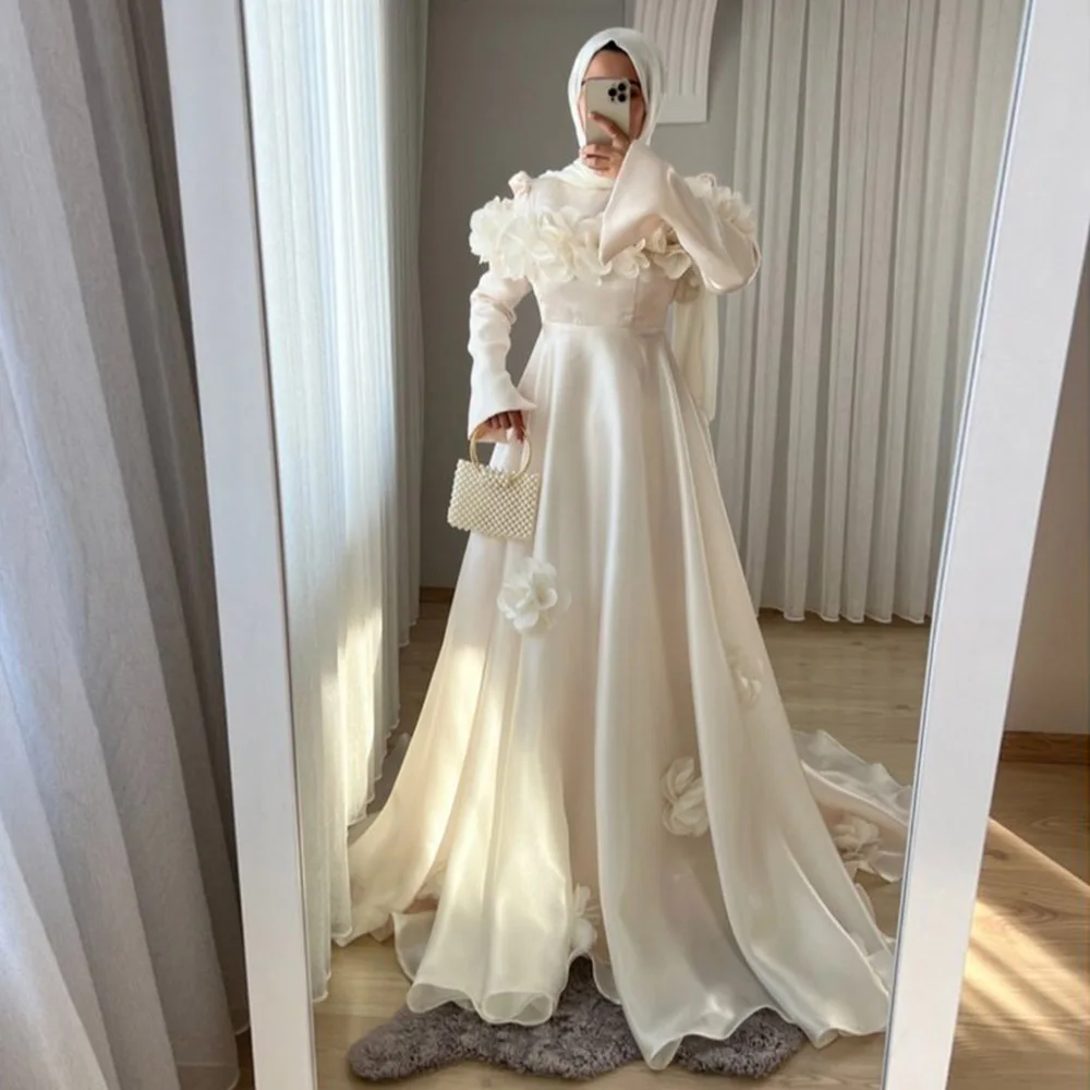 Maßgeschneiderte 3D-Blumen Elegante Abendkleider für Muslimische Frauen Hochzeit Elfenbein Saudi Hochgeschlossenes Luxus-Partykleid 2026 Ballkleider