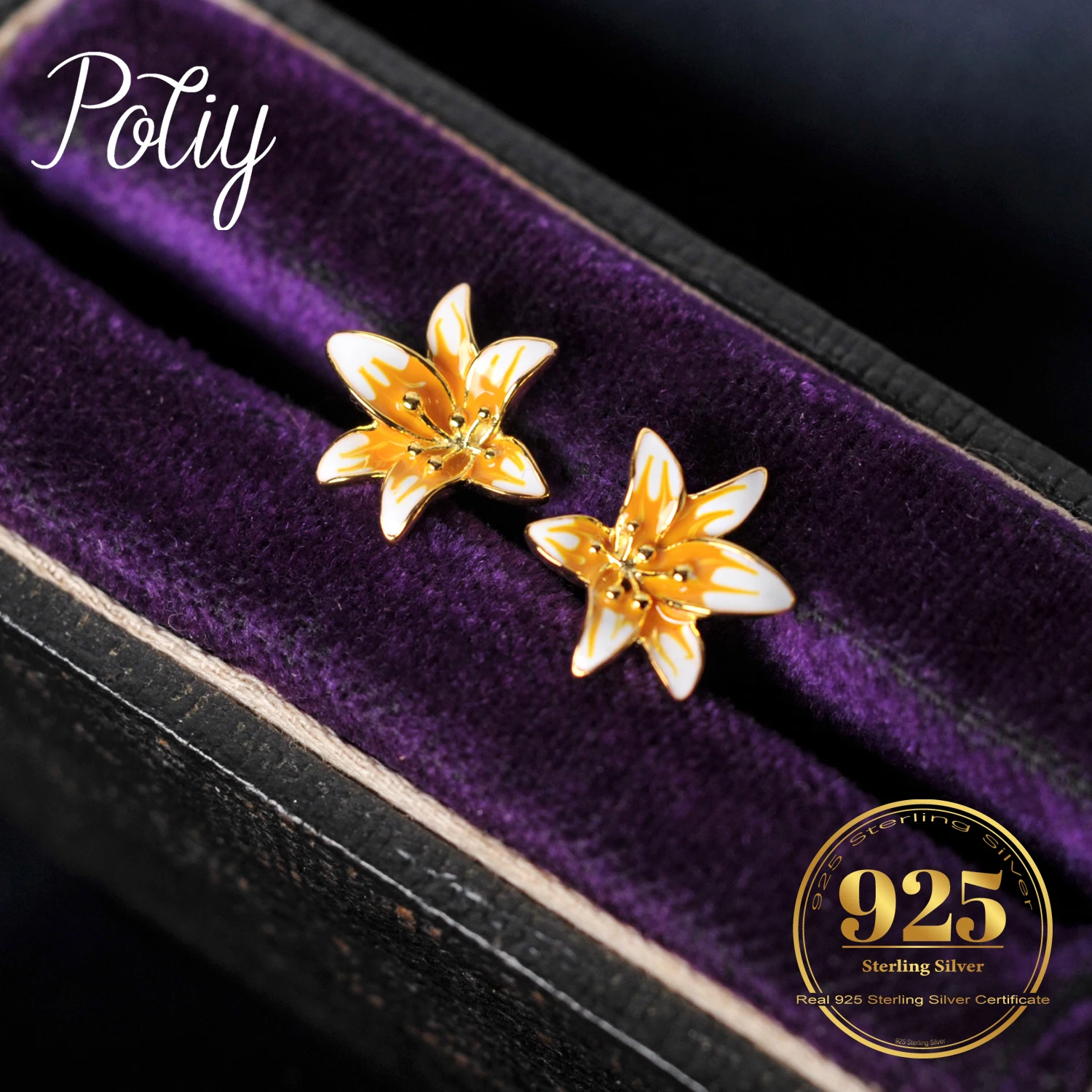 

Potiy Frosted Lily Flower Gradient Enamel Color 14k Yellow Gold Plating 925 Sterling Silver Stud Earrings For Girls Cute Gift