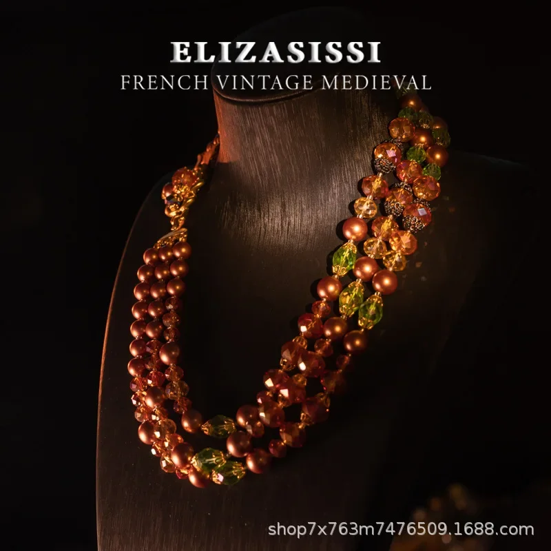 

Fashion medieval vintage gold glazed pearl Czech crystal temperament elegant three-layer retro heavy industry necklace