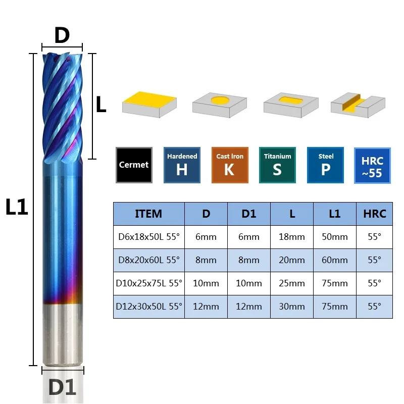 XCAN Milling Bit 6 Flute End Mill 6/8/10/12mm CNC Router Bit Nano Blue Coating HRC65 CNC Machine Milling Cutter