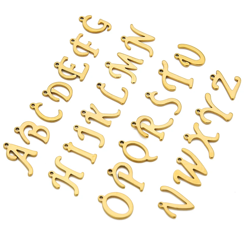 10pcs PVD Never Fade Stainless Steel Letter Alphabet Charms Bulk Gold Color Charms Pendant for Necklace Bracelet Jewelry Making