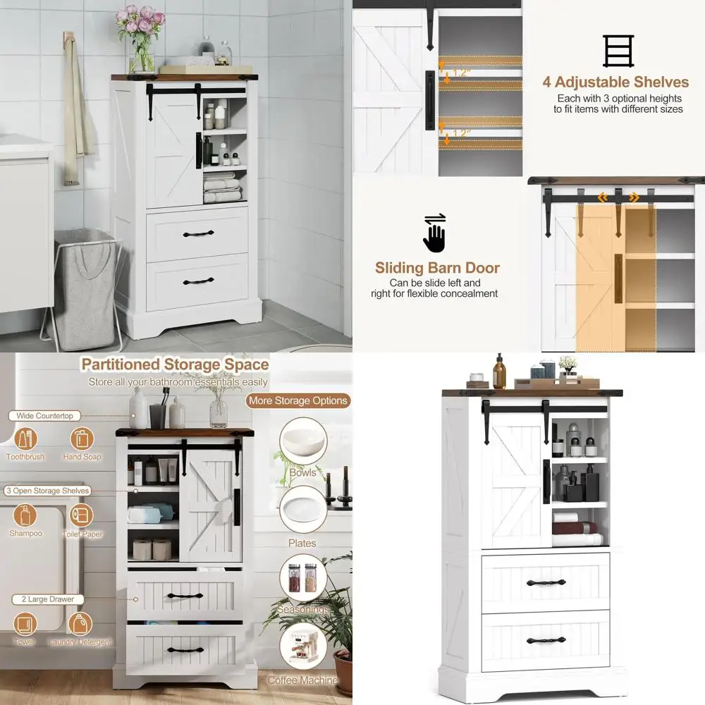 

Wooden Floor Cabinet with Sliding Barn Door, 2 Drawers & Adjustable Shelves, Freestanding Storage Organizer for Living Room, Ent