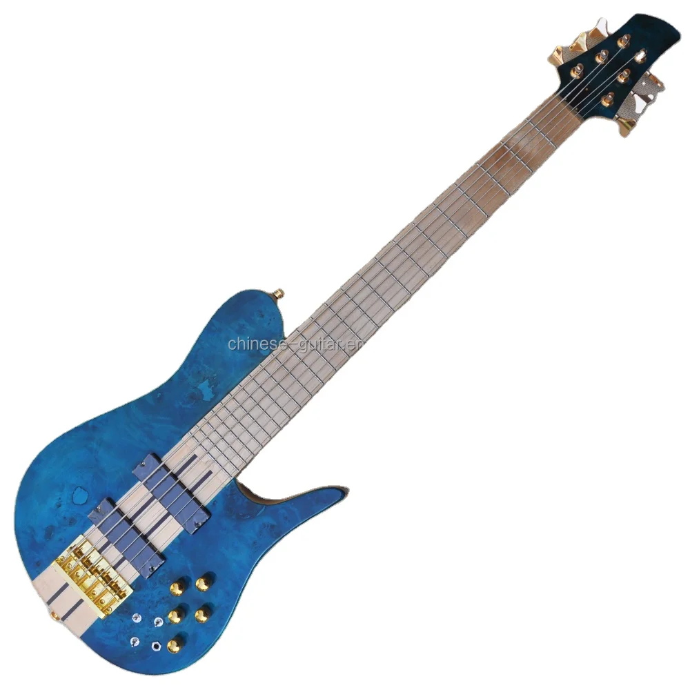 Flyoung Musical Instruments Blue 6 Strings Electric Bass Guitar Neck Through Body Bass