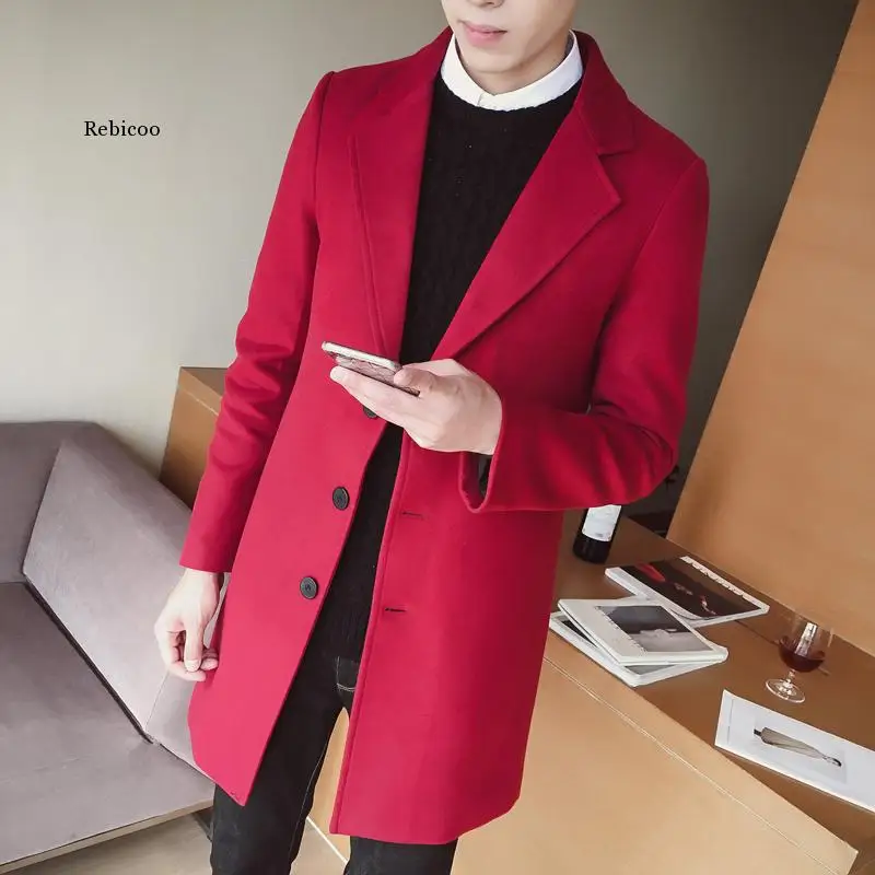 

New fashion classic men's windbreaker jacket solid color single-breasted Slim long woolen coat large size men's jacket