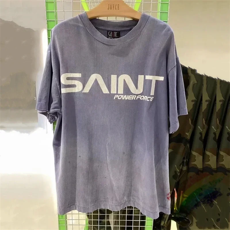 Washed SAINT M6 Navy Blue T Shirt Men Women High Street Oversize Short Sleeve Tee Top