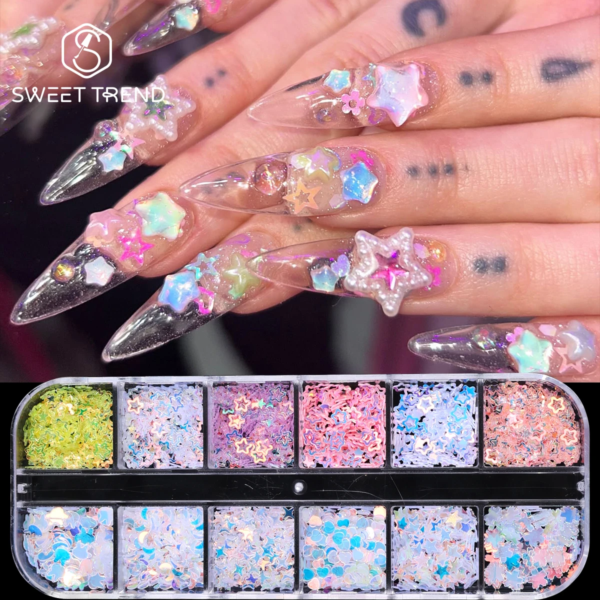12 compartiments de paillettes irisées pour ongles, formes étoiles creuses, cœurs, fleurs, lapins adorables, paillettes aurore, tranches de manucure japonaise