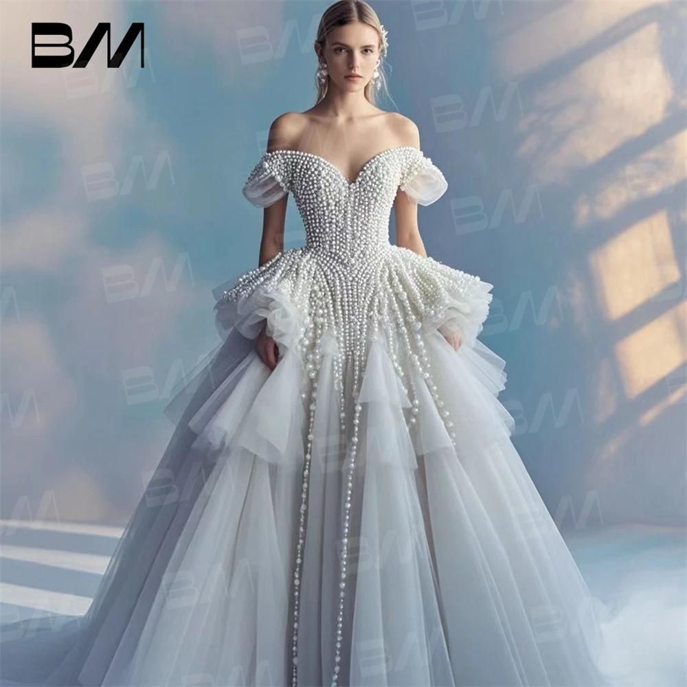 Princess Luxury Pearls Wedding Gown Off The Shoulder Customized Tulle Tiered Bride Dresses Romantic Exquisite  Bridal Gown