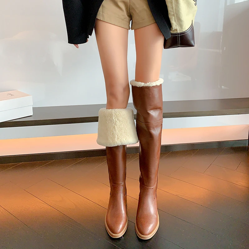 

Women's Genuine Leather Over The Knee Boots Zipper Plush Boots Ladies Flat Heeled Pointed Party Boots Winter Shoes Womens Shoes