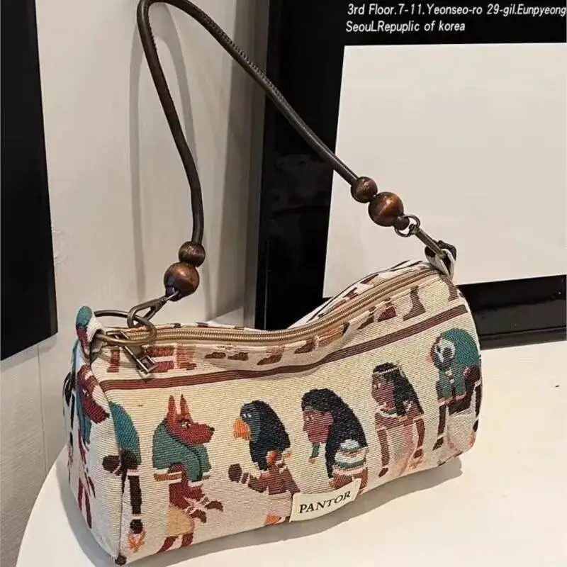 Retro Pharaoh Cartoon Print Tote Women Bohemian Style Fun Cute Large Capacity Shoulder Bag Ladies Fashion Casual Handbag New