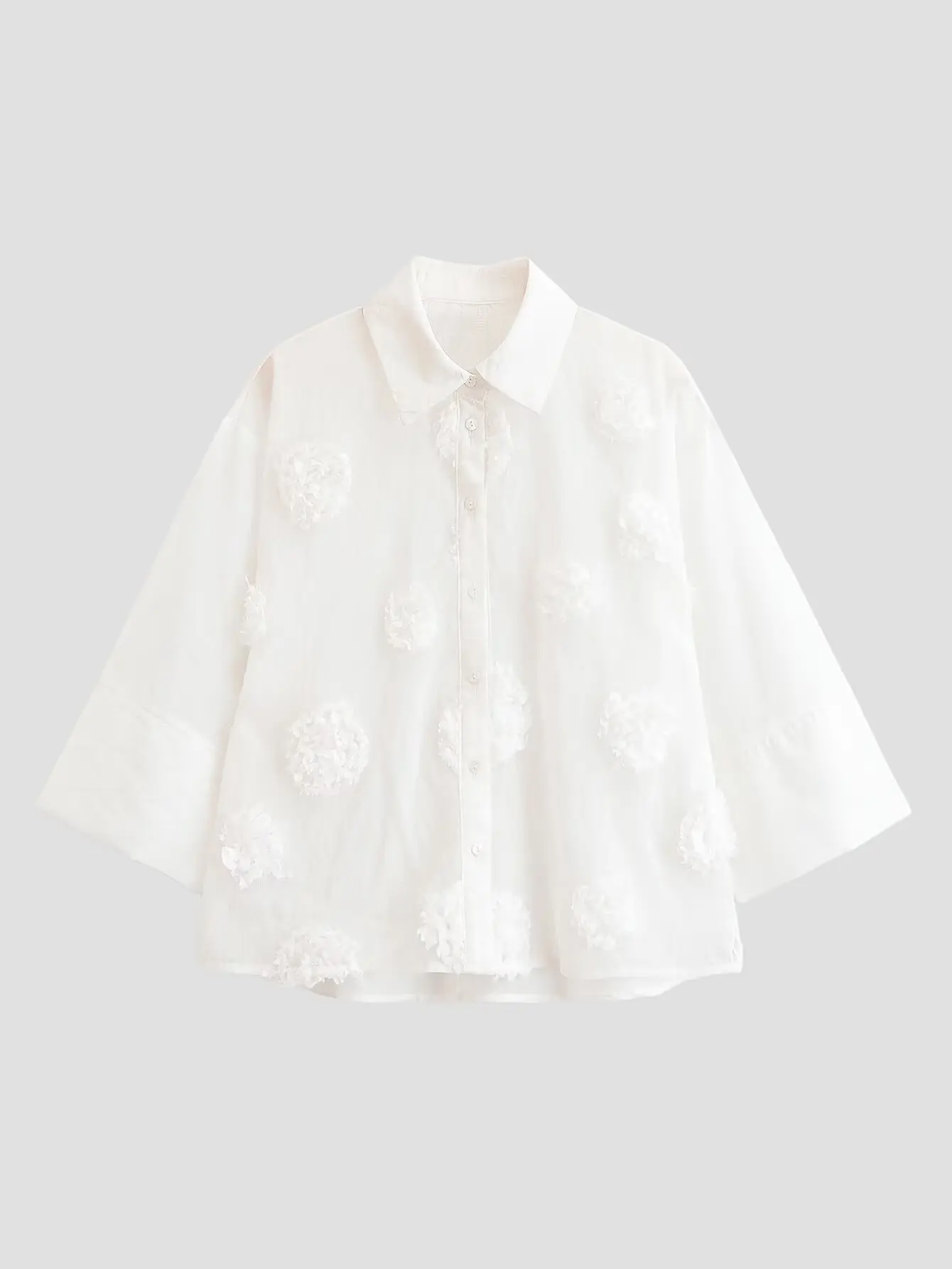 

White Floral Applique Oversized Shirt Women Three-quarter Sleeve Button-down 2026 Spring Lady Casual Elegant Loose Blouse
