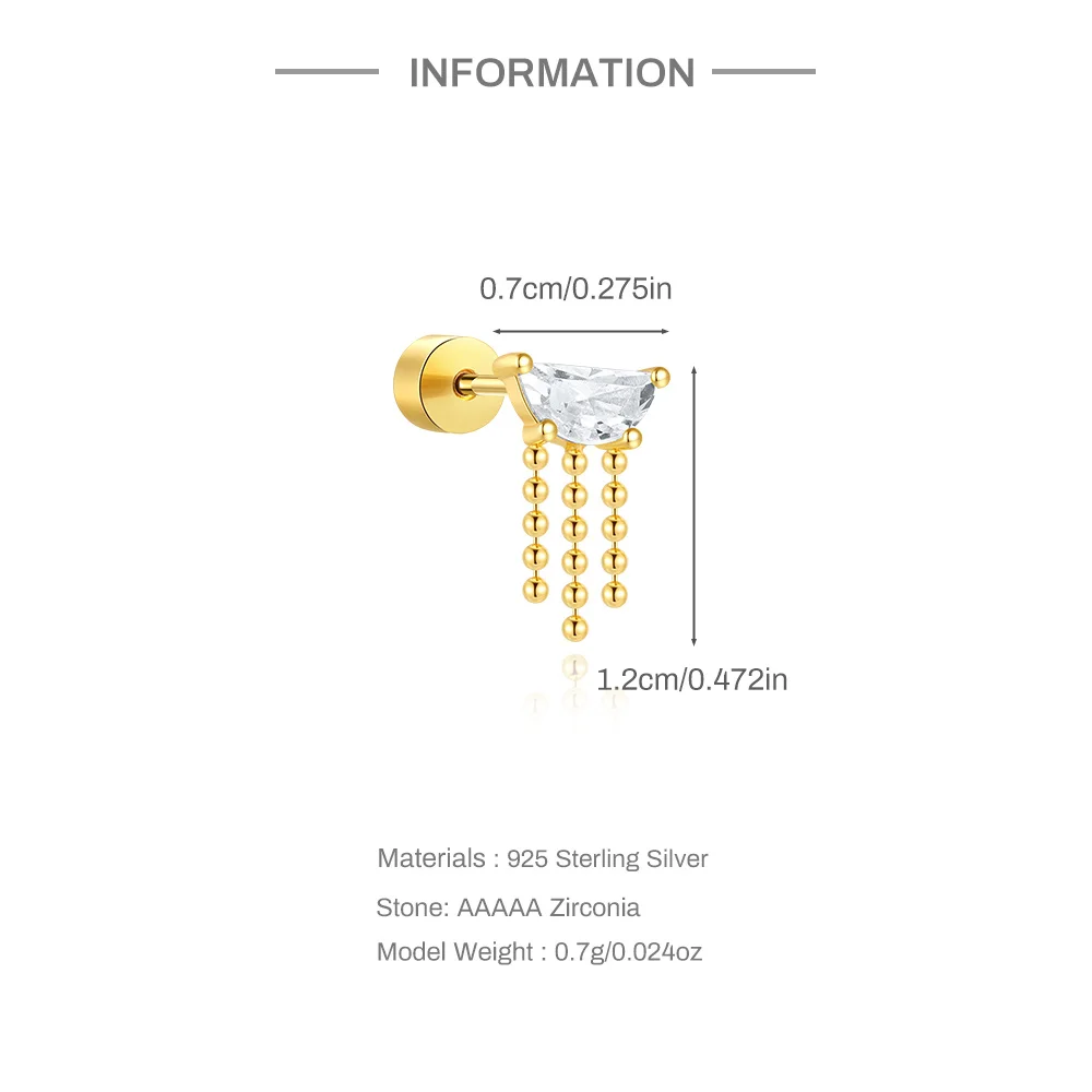 Aide 1piece Plata 925 Sterling Silver Zircon Screw Back Piercing Stud Earring For Women Ear Bone Piercing DIY Ear Stud Jewelry
