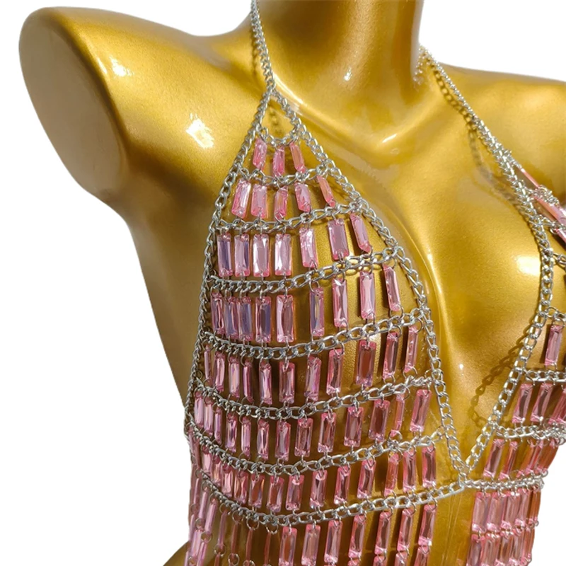 Damen Baguette-Strass-Quasten-Körperkette BH Sexy Kristall-Fransen-Neckholder Y2K Crop Top Nachtclub Party Festival Bikini Schmuck – Detail 6