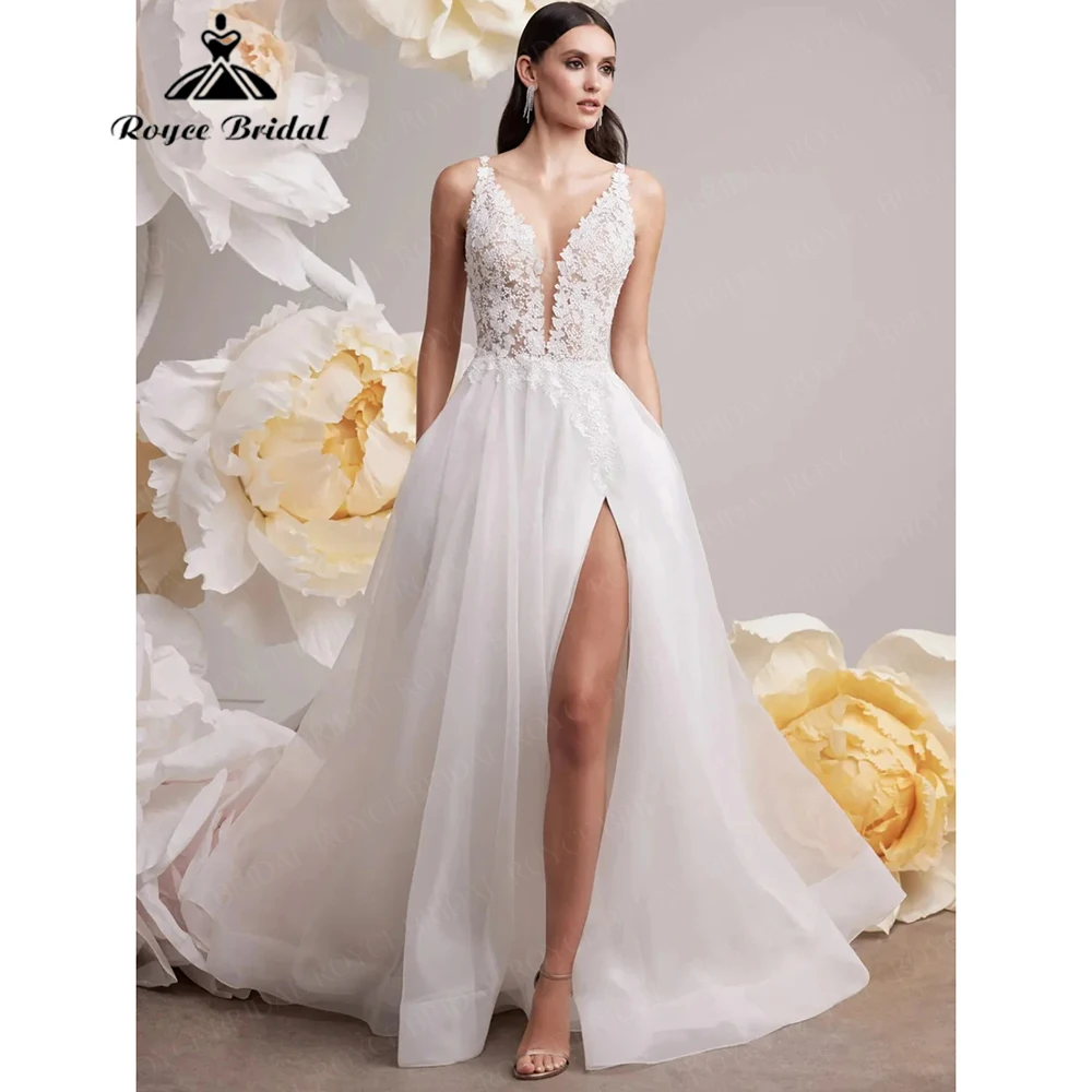 Roycebridal Sexy V Neck Lace Applique A Line Wedding Dress Spaghetti Strap Side Slit 2025 Customized Bridal Party Gowns Vestidos