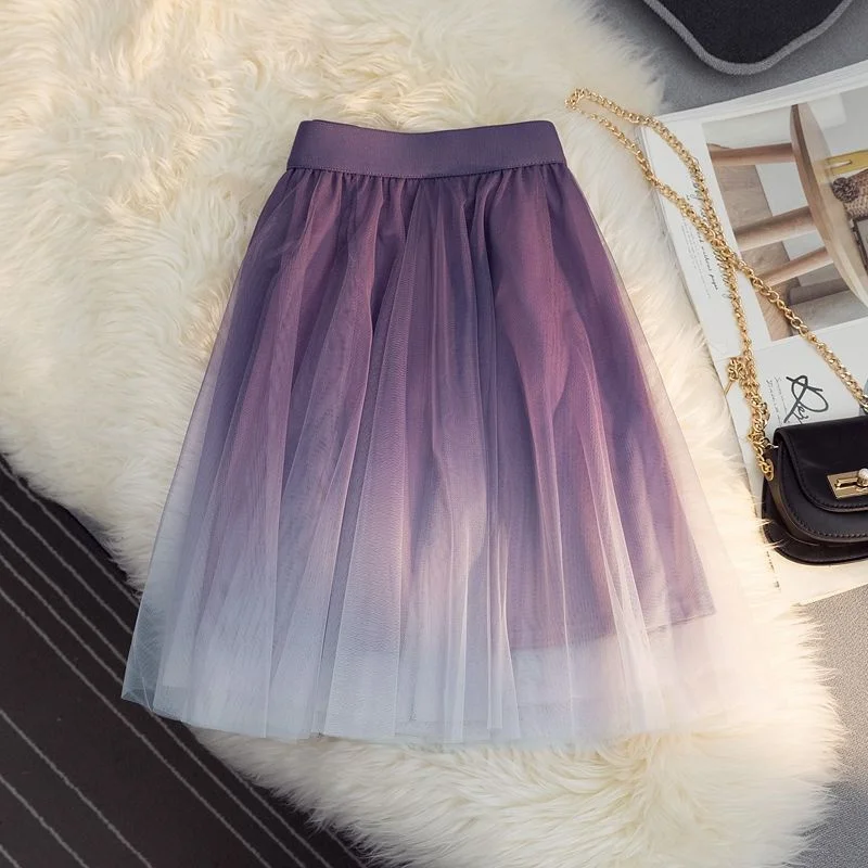 Women Skirt Puffy Gradient Short Skirt Elegant Tulle Skirt Pleated Dance Tutu Skirts Mesh A-line Blue Purple Green mujer faldas