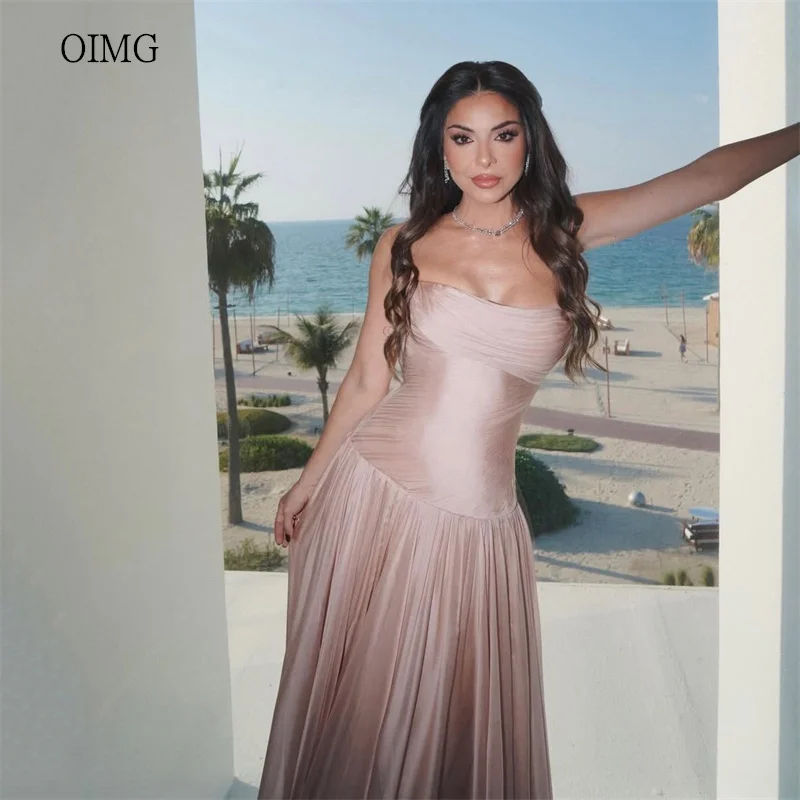 

OIMG Maxi Strapless A Line Prom Gowns Backless Pleated Party Gown Floor Length Evening Dress vestidos de festa Customized