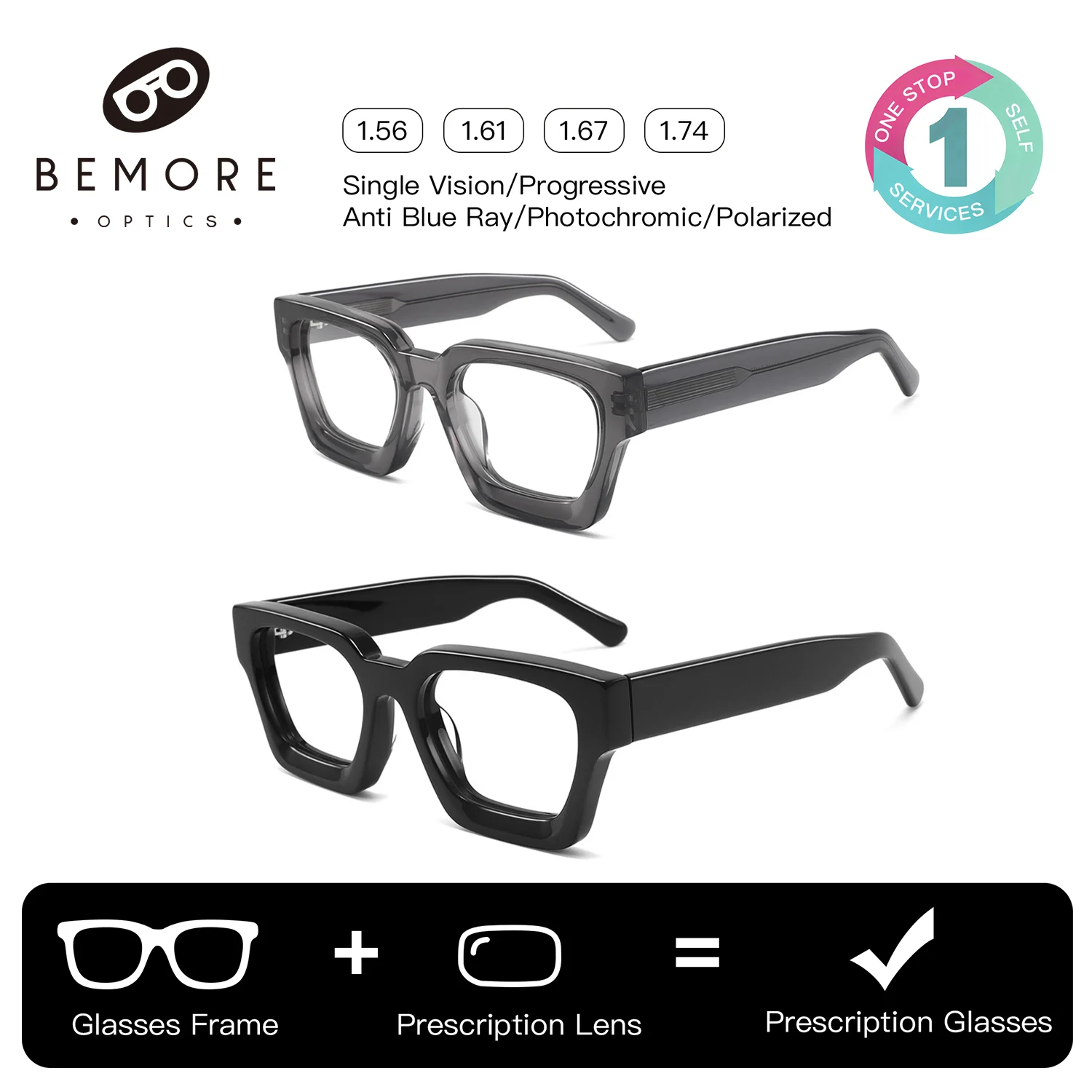 BEMORE Handmade Acetate Square Optical Lenses with Photochromic Recipe Anti-Blue Light Progressive Multifocal Prescription