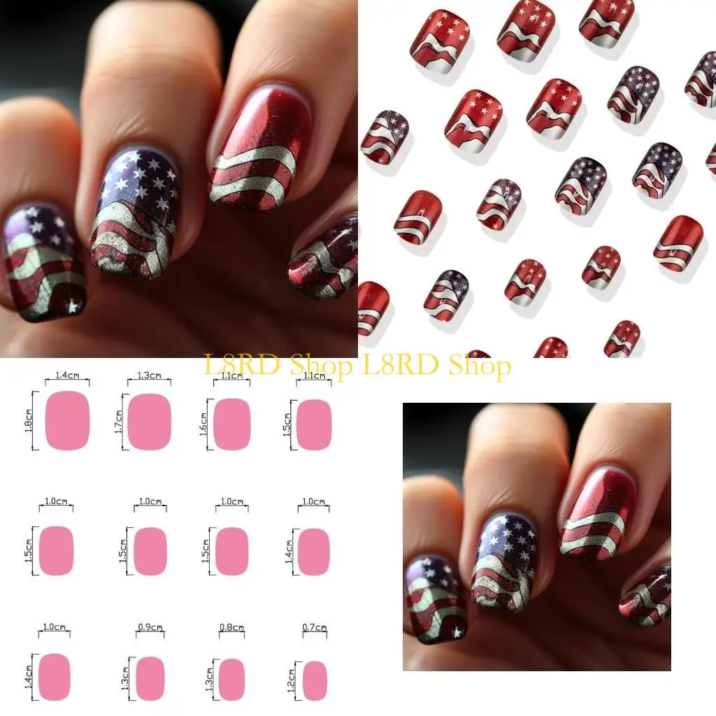 L8RD 7 月 4 日マニキュアネイルデコレーションアクリルスティック爪にショートスクエア偽ネイルスティック爪アート愛好家のための 24 個