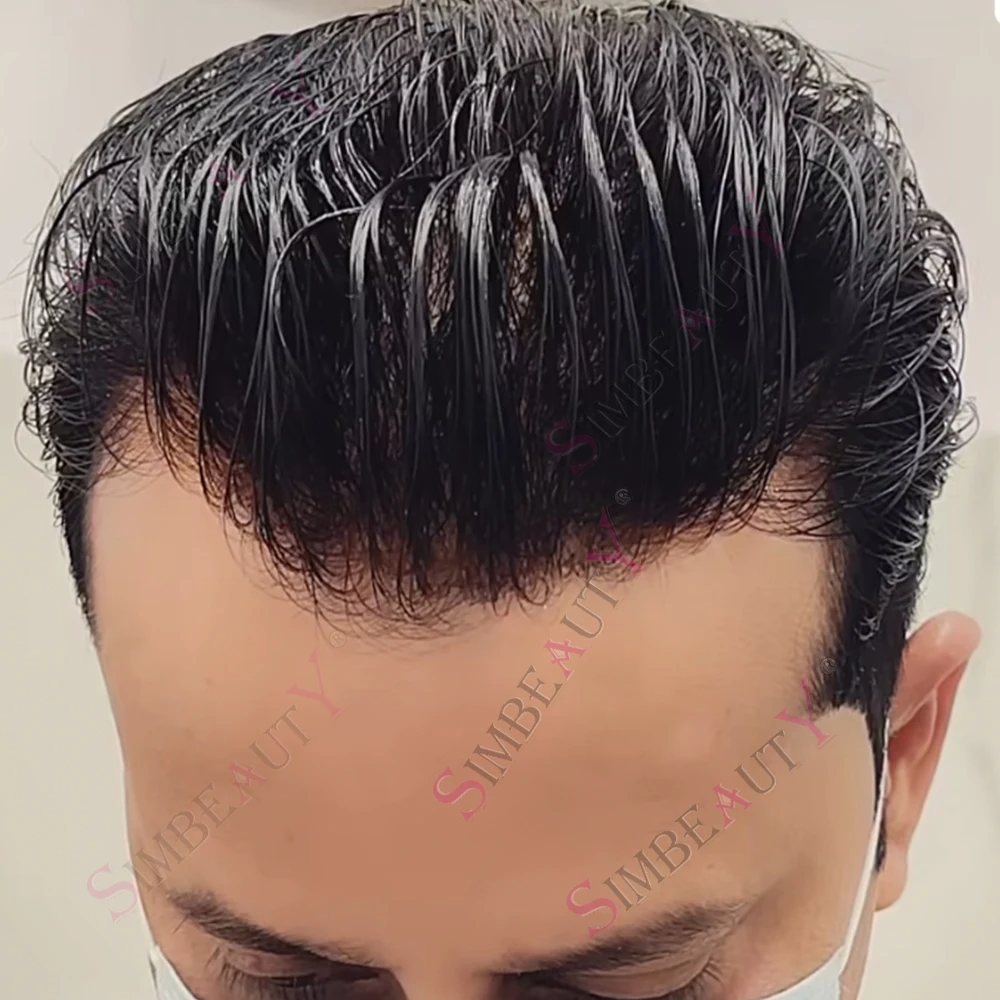 0,02mm Superdünnes Hautrealistisches Toupet mit 80% Natürlicher Haarlinie für Männer in Grau, Braun und Schwarz aus Echthaar # 1b Haarteil Kapillarprothese Perücke