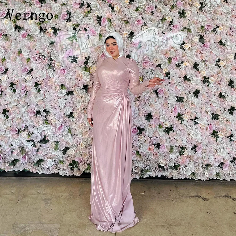 

Verngo Baby Pink Shiny Evening Dresses High Neck Full Sleeves Mrermaid Fomal Occasion Dress Arabic Modest Prom Gowns Customized
