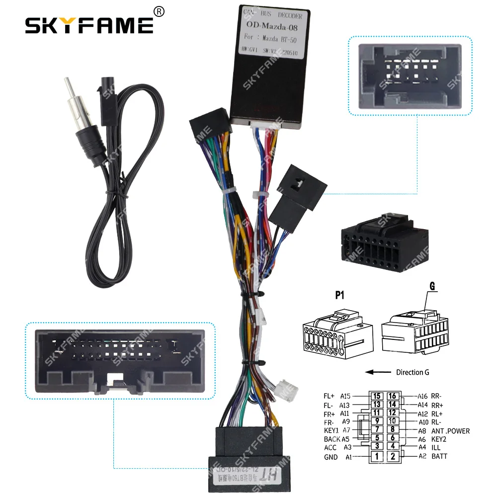 SKYFAME Auto 16pin Kabelboom Adapter Canbus Box Decoder Android Radio Power Kabel Voor Mazda BT-50 MZ07.20 OD-Mazda-08