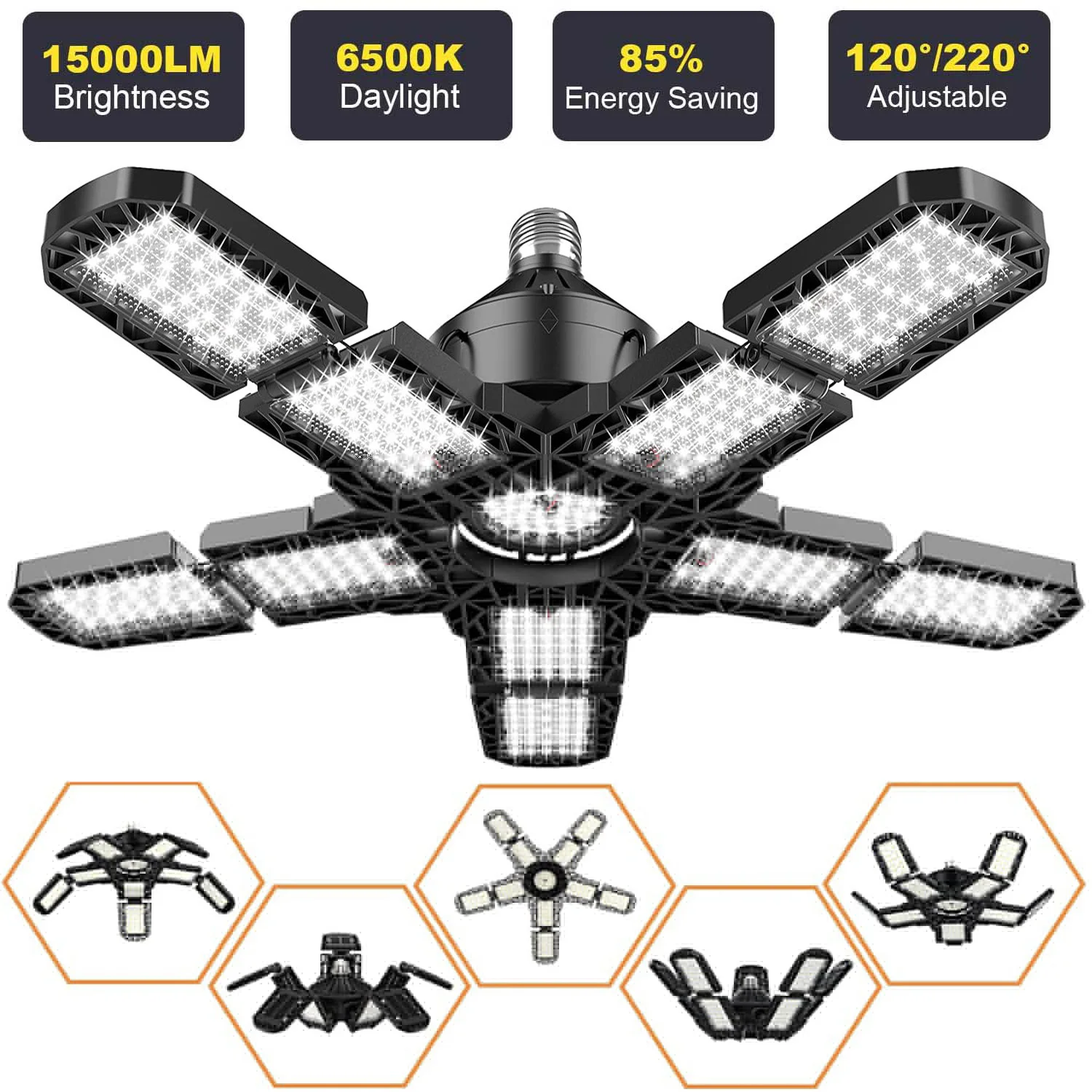 LED-Garagenleuchten mit 7/10+1 verstellbaren Paneelen, E26/E27, Decken-Shop-Arbeitslampe, 150 W, 6500 K Glühbirne für Werkstatt-Industriebeleuchtung