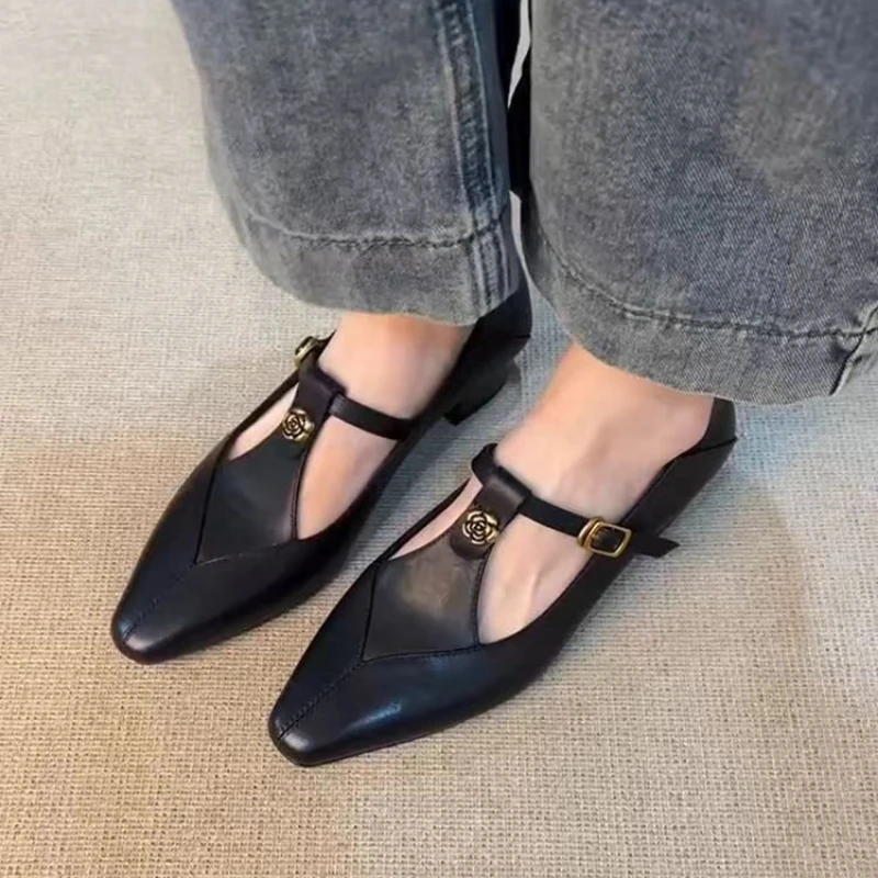 Women's Rose Decor T-Strap Loafers, Vintage Elegant Soft Leather Low Heel Comfort Shoes for Spring Office, Commute & Dating