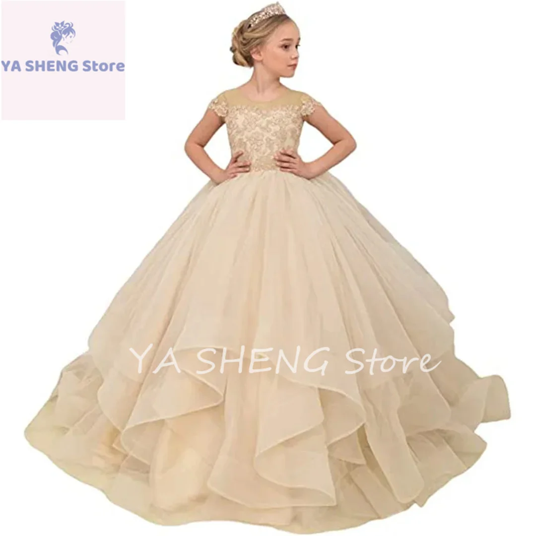 Vestido de baile largo con volantes para niña y niño, vestidos de flores para boda, apliques de princesa, Mangas de casquillo, sesión de fotos, vestidos de comunión