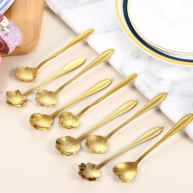 8/12Pcs Stainless Steel Cherry Rose Flower Gold Scoop Coffee Spoon Gifts Kitchen Dessert Tea Accessories Tableware Decoration