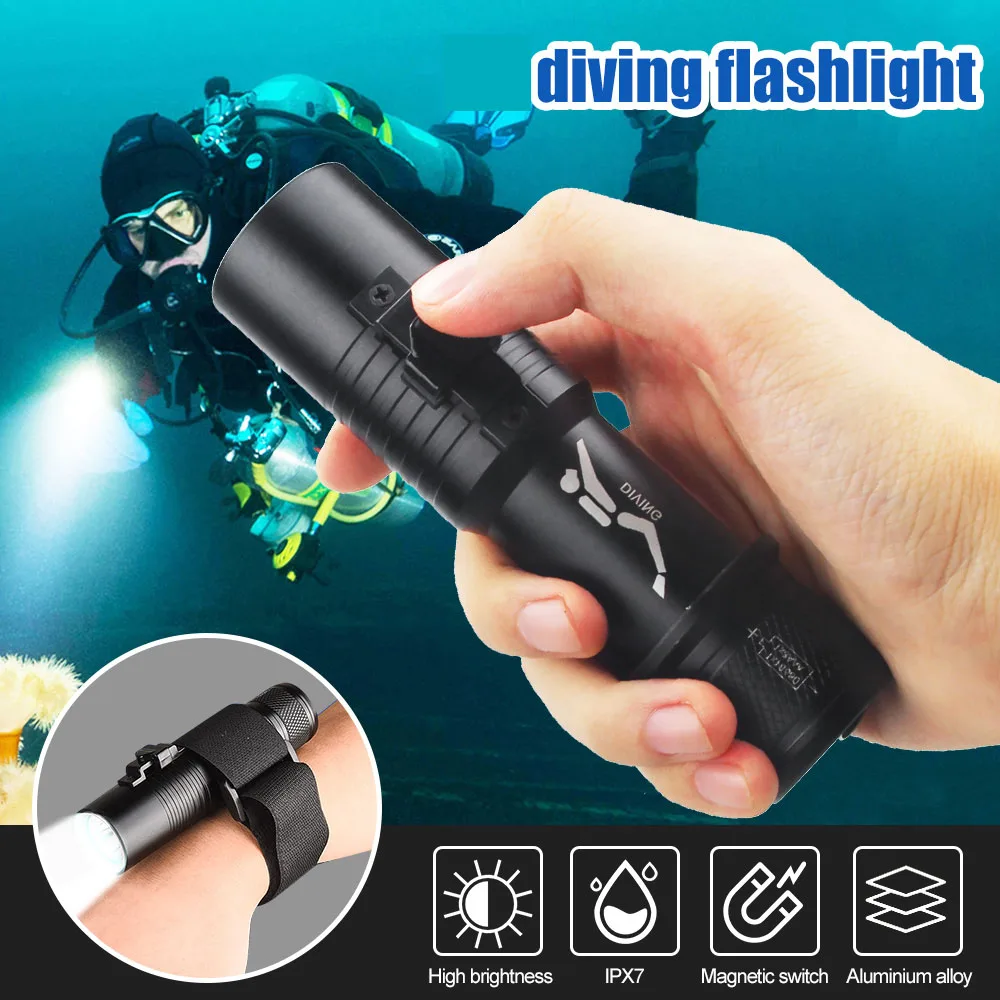 The new diving flashlight magnetic switch professional diving portable 18650AAA 26650 aluminum diving flashlight With hand rope