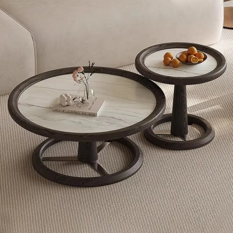 ld-Retro Style Black Solid Wood Frame Coffee Table Light Luxury Size Round Microcrystalline Stone Coffee Table Combination #