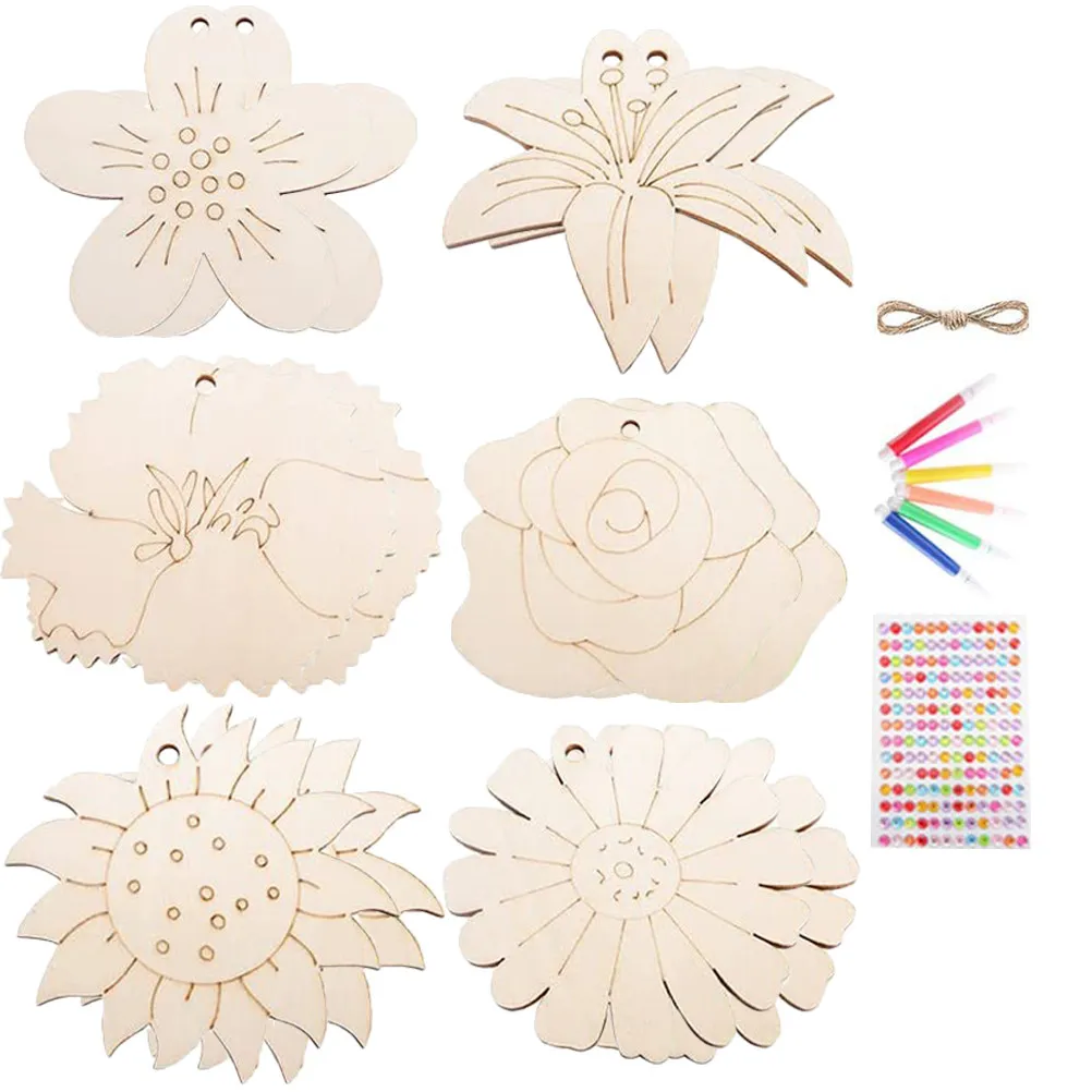

1Set Flower Shape Wooden Slices DIY Painting Craft Kit Blank Floral Cutouts for Children Hands on Activity Wall Window Shelf