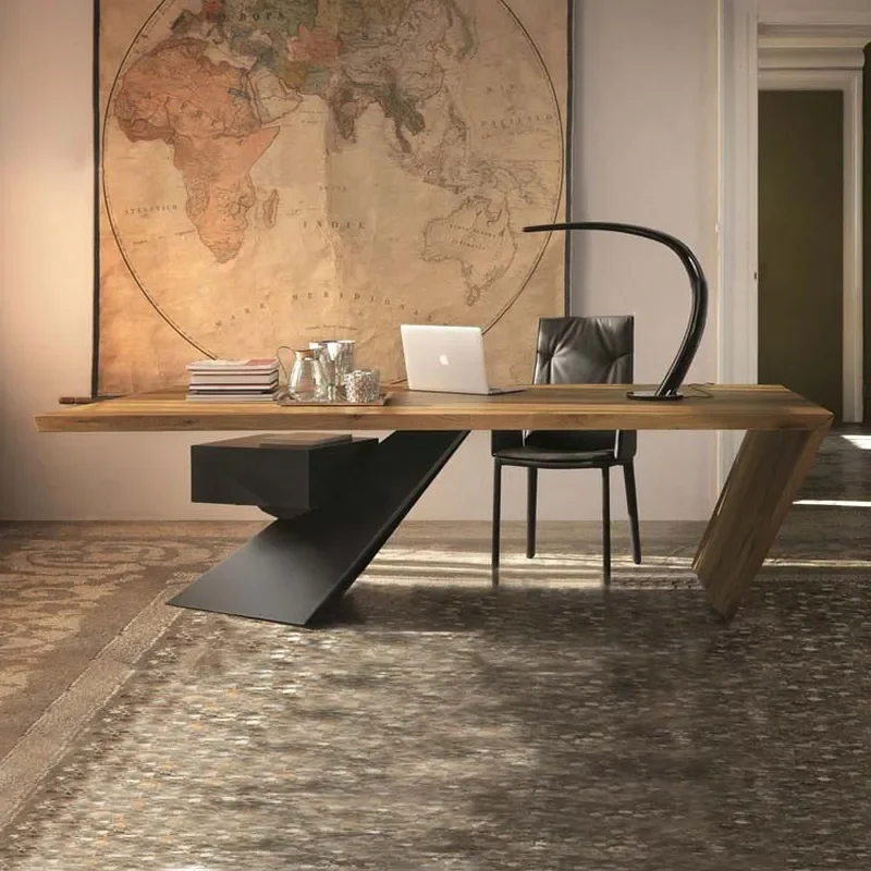 American Style Modern Simple Boss Desk Loft Wrought Iron Computer Desk Solid Wood Executive Office Table for Home or Business