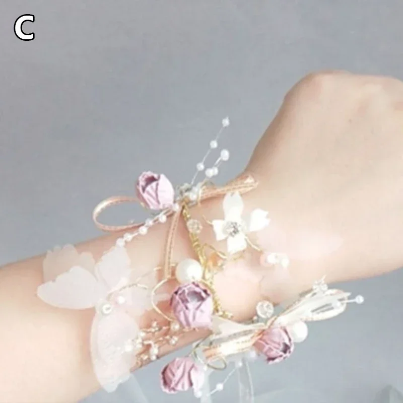 Bridal Crystal Pearls Ribbon Wrist Flower Handmade Flower Butterfly Bracelet Girls Bridesmaid Wedding Accessories