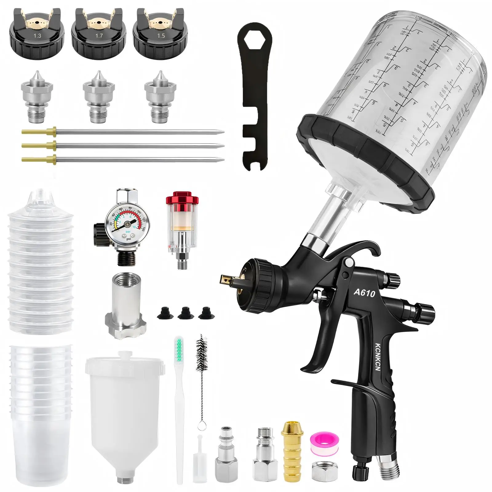 A610 LVLP Luftspritzpistole, 1,3/1,5/1,7mm Düse, 600cc Kunststoffbecher, 10*650cc Mischbecher, für Ausbesserungen, Grundierung, Decklack