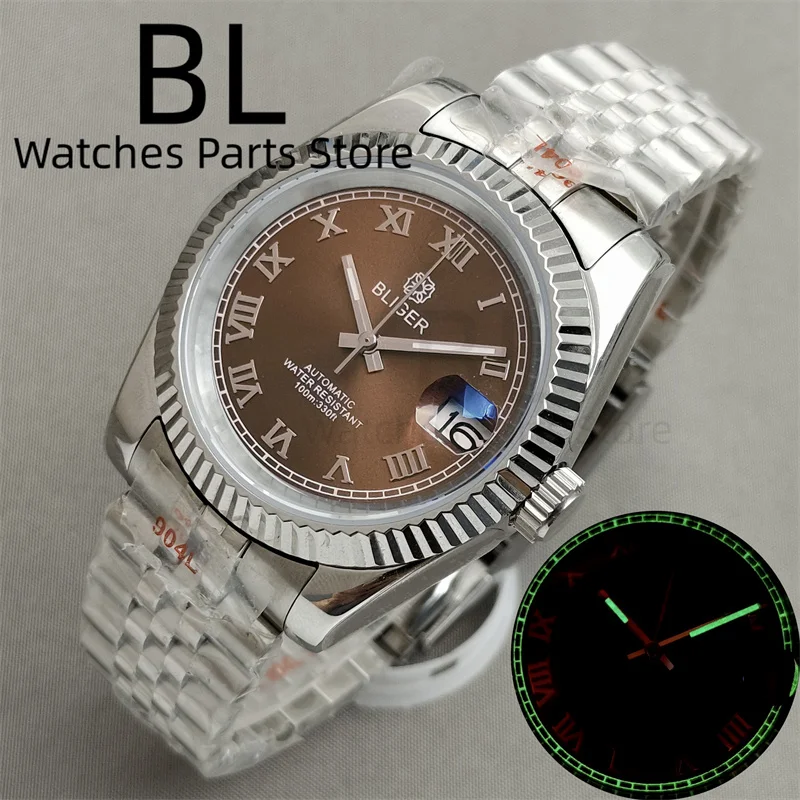 BLIGER 36mm 39mm Sunburst Brown Dial Silver Roman Index Luminous NH35A Automatic Men Watch Stainless Steel Strap Sapphire Glass