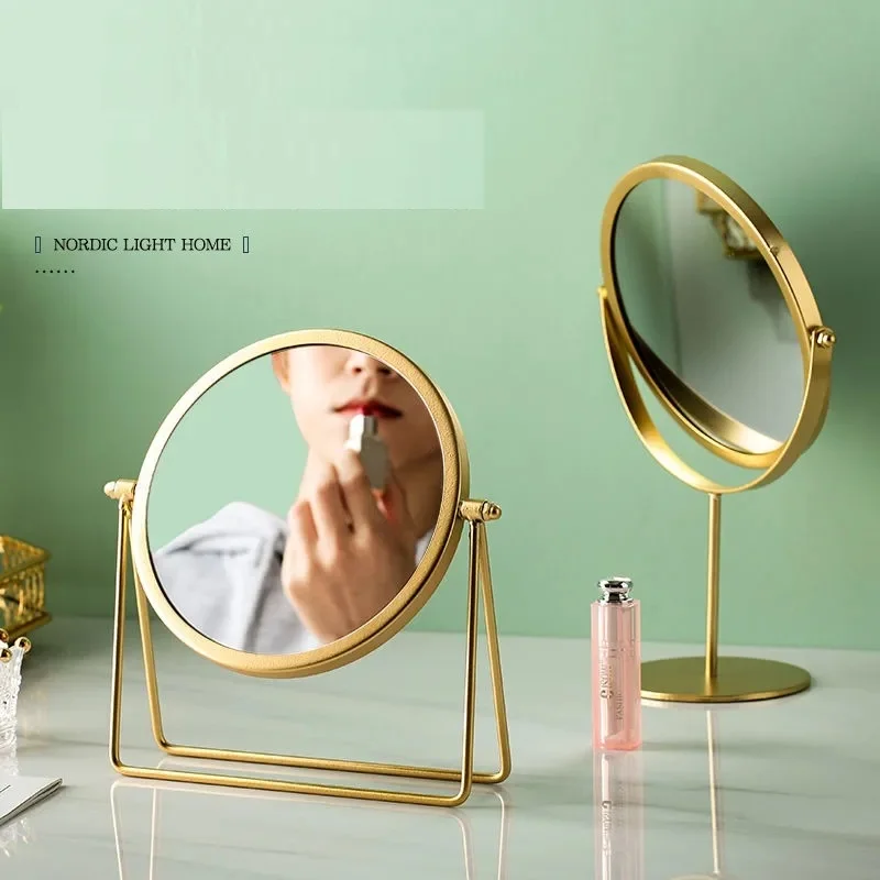 Makeup Mirror Light luxury retro European metal gold home desktop desktop square round mirror mirror dormitory makeup mirror