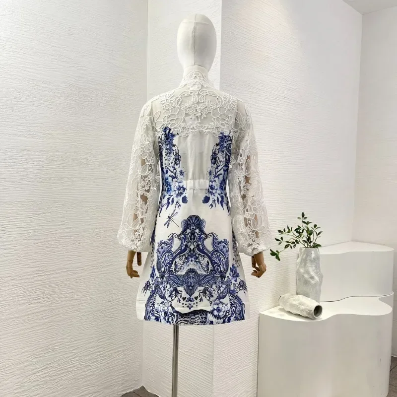 Women\'s White Blue Floral Print Long Sleeve Lace Embroidery Mini Dress Elegant Ladies Holiday New High Quality