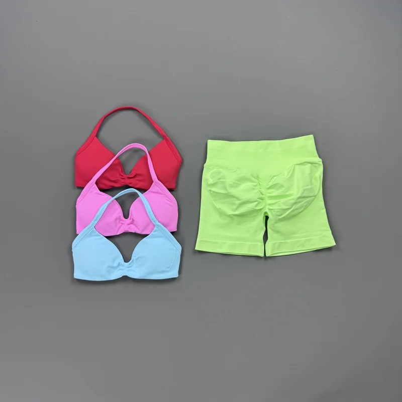 2-teiliges Sportset für Damen, Neckholder-Yoga-Top, hochtaillierte Scrunch-Shorts, atmungsaktiv, dehnbar, für Gym, Pilates, Workout, Fitness – Detail 6
