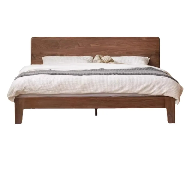 

Solid wood bed modern minimalist black walnut double bed Nordic bedroom wood wax oil home large board bed high and low legs