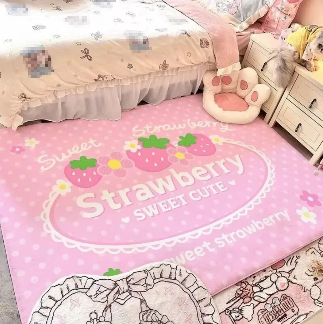 Alfombra de área con diseño de fresa rosa y lazo, antideslizante, lavable, de felpa, ideal para el suelo, con un diseño de dibujos animados, perfecta para la habitación de niñas, la habitación de los niños o como elemento decorativo para el hogar.